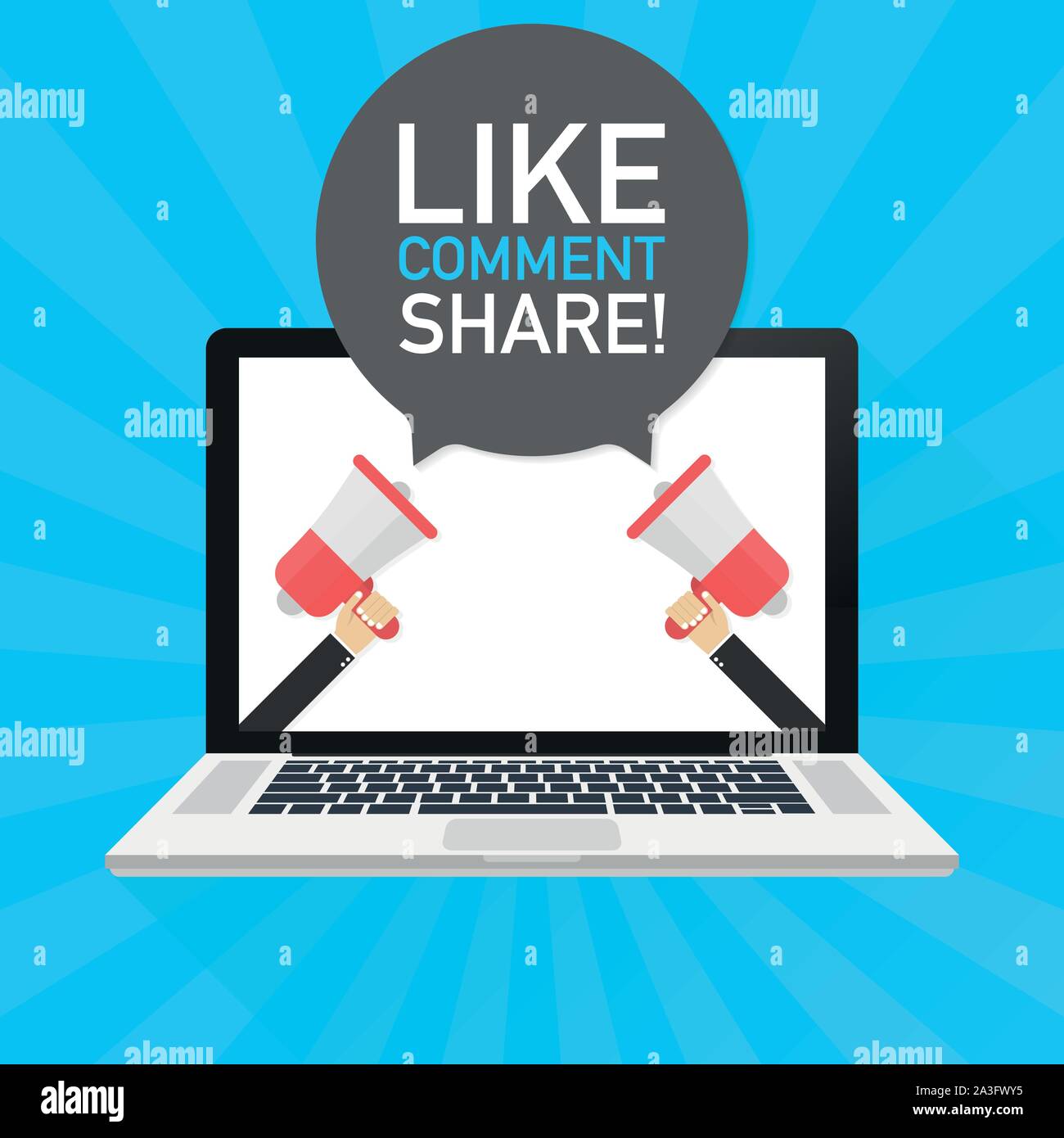 Laptop notebook computer screen. Hand holding megaphone. Like comment ...