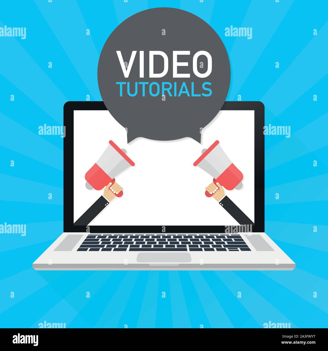 Laptop notebook computer screen. Hand holding megaphone. Video tutorials text in speech bubble. Vector stock illustration. Stock Vector
