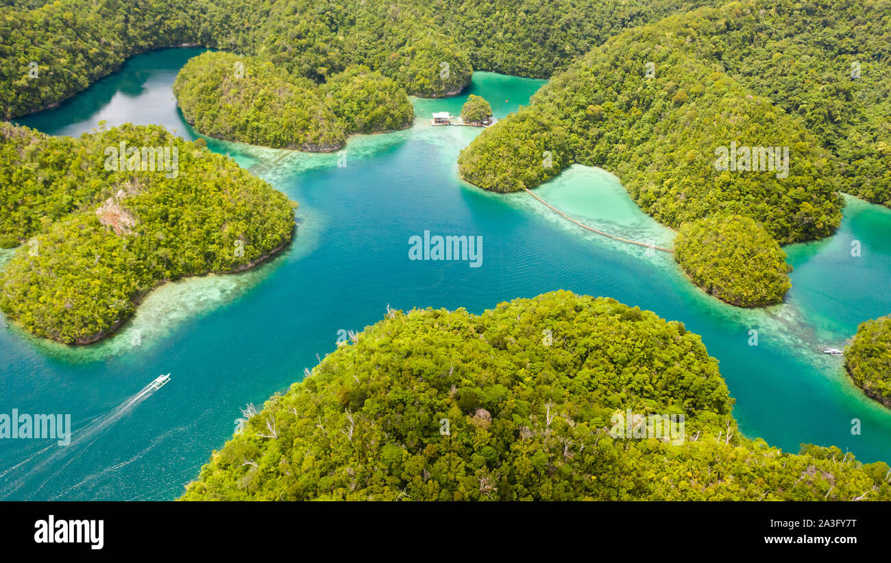 Cove and blue lagoon among small islands covered with rainforest. Sugba lagoon, Siargao, Philippines. Aerial view of Sugba lagoon, Siargao,Philippines Stock Photo