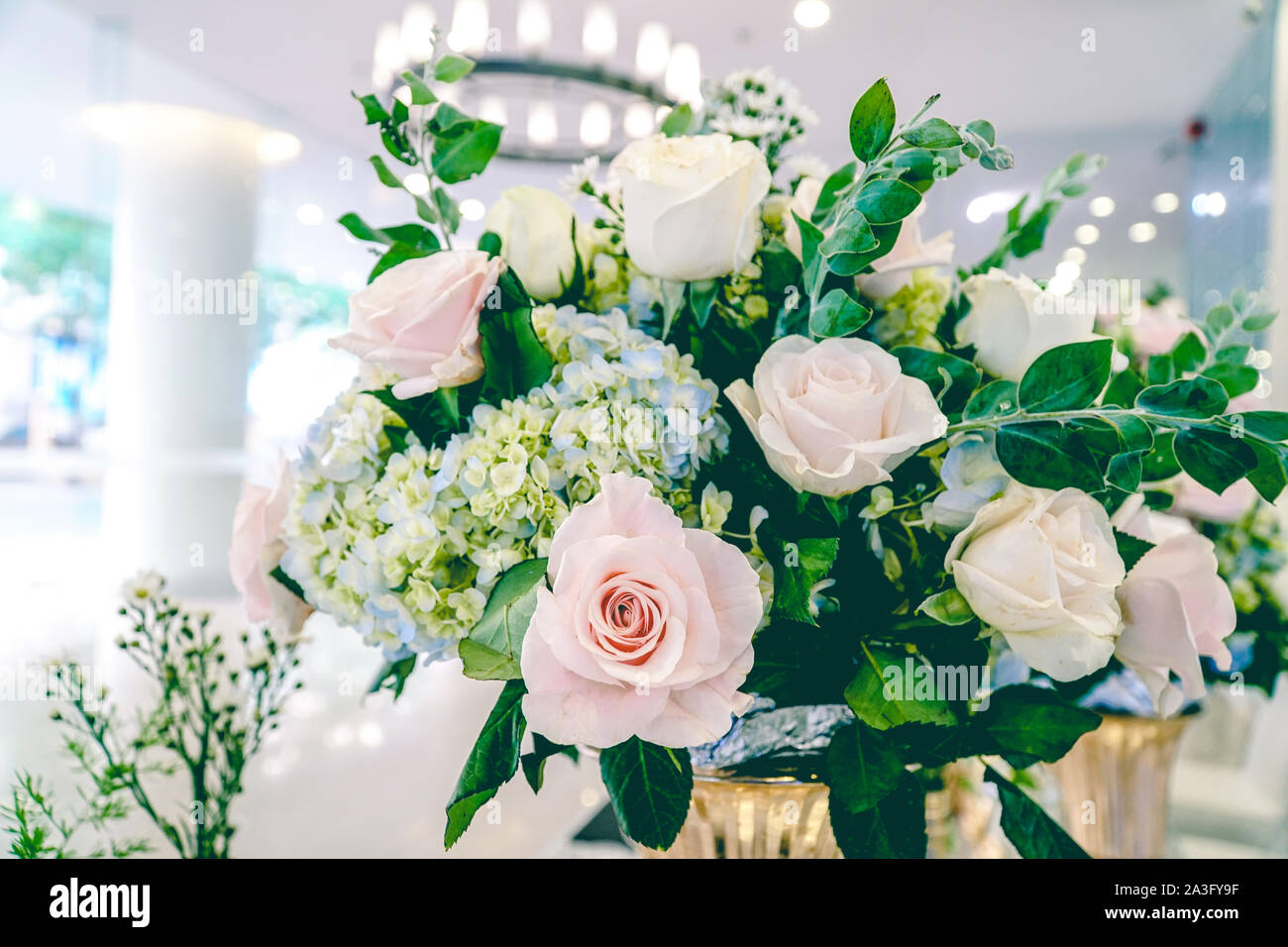 Wedding Welcome table with luxury decoration with rose flower Stock Photo