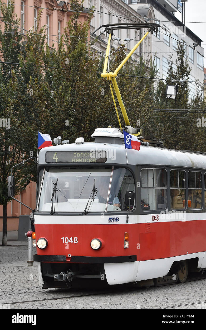 The Falcon flag has appeared at the public transport tram in Brno, as Czechia commemorates today, on Tuesday, October 8, 2019, for the first time as a Day of Significance, the 1,500 members of the Sokol (Falcon) sports organisation whom the Nazis arrested and deported to concentration camps on new Deputy Reichsprotektor Reinhard Heydrich's order in the night of October 8, 1941. A few days after the raid, the Nazis banned Falcon. A total of about 5,000 Falcon members were murdered or died in fightings during WWII. Commemorative events and exhibitions highlighting the fate of the Falcon victims Stock Photo