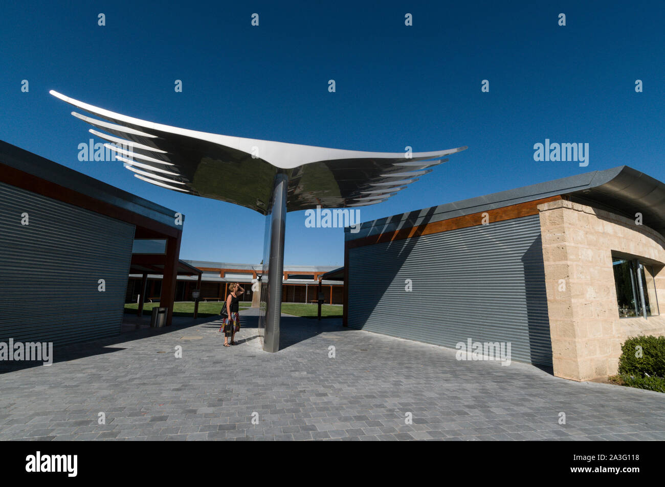 A sculpture designed as an eagle’s pair of wings of the Wolf Blass trademark at the main winery visitor’s centrein the Barossa Valley wine region in S Stock Photo