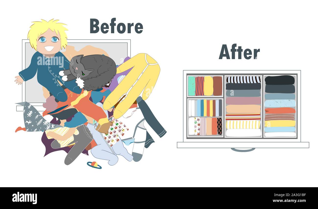Before and after tidying up baby kids wardrobe in drawer. Messy clothes and nicely arranged clothes in piles. Stock Vector