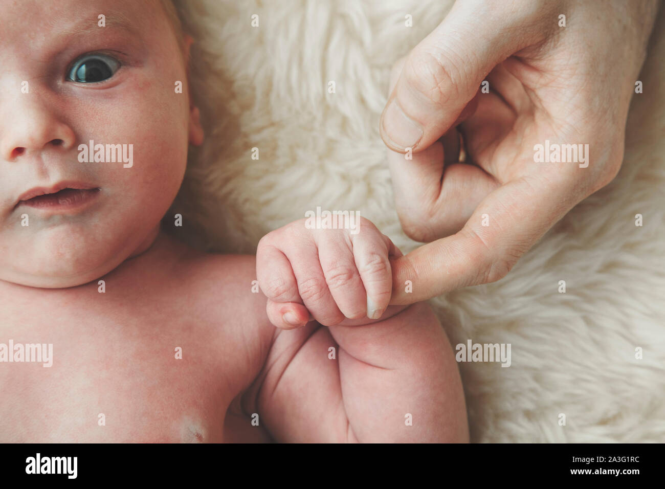 A cute baby holds onto fathers finger. Fatherhood concept Stock Photo