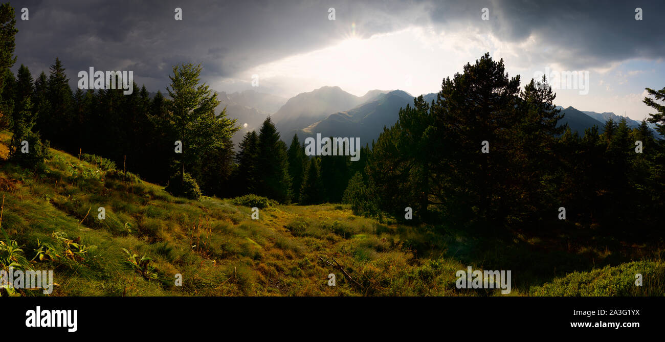 Hilly landscape during a storm in the Pyrenees. Stock Photo