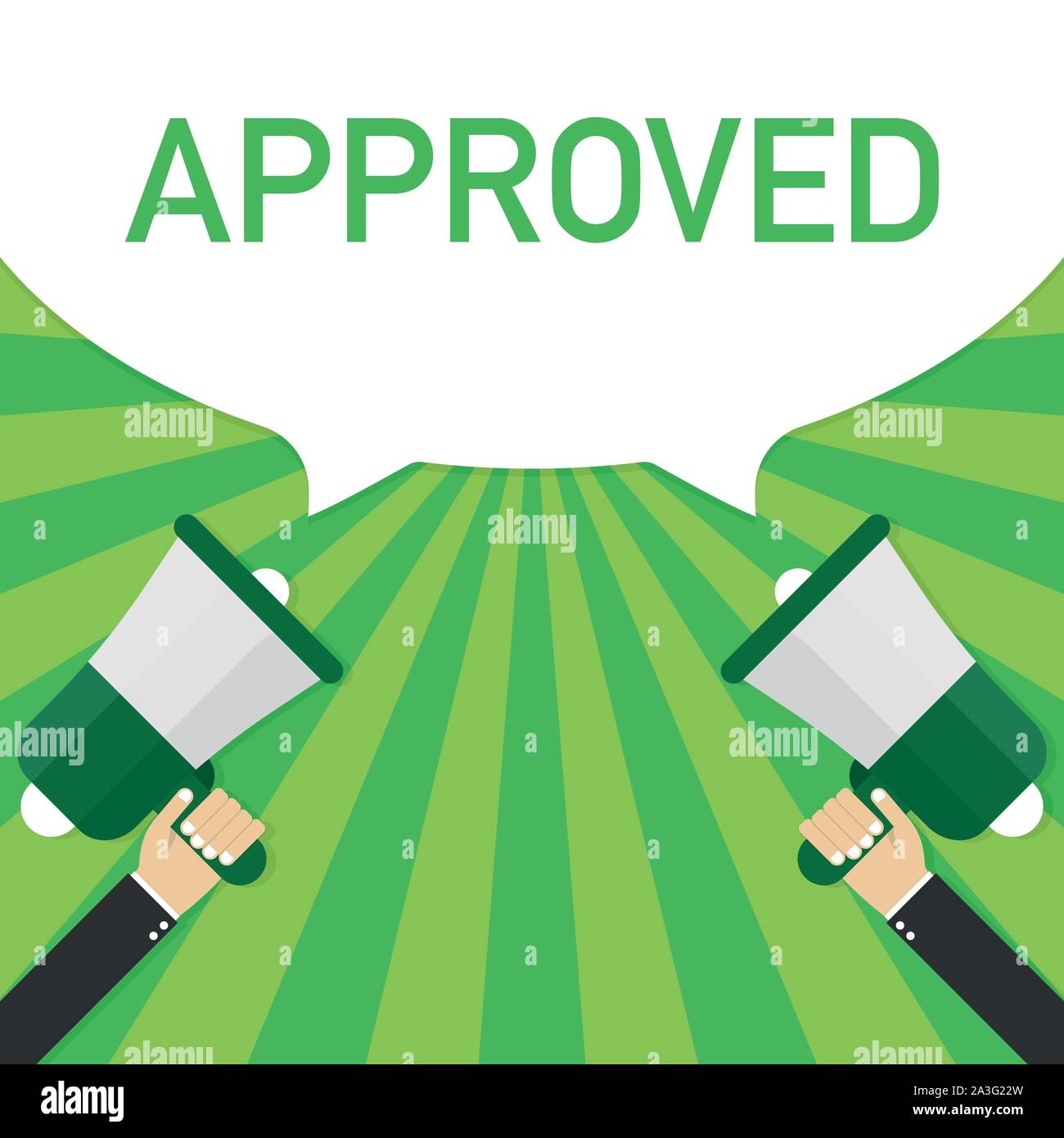 Approved. Badge with megaphone icon. Flat vector illustration. Stock Vector
