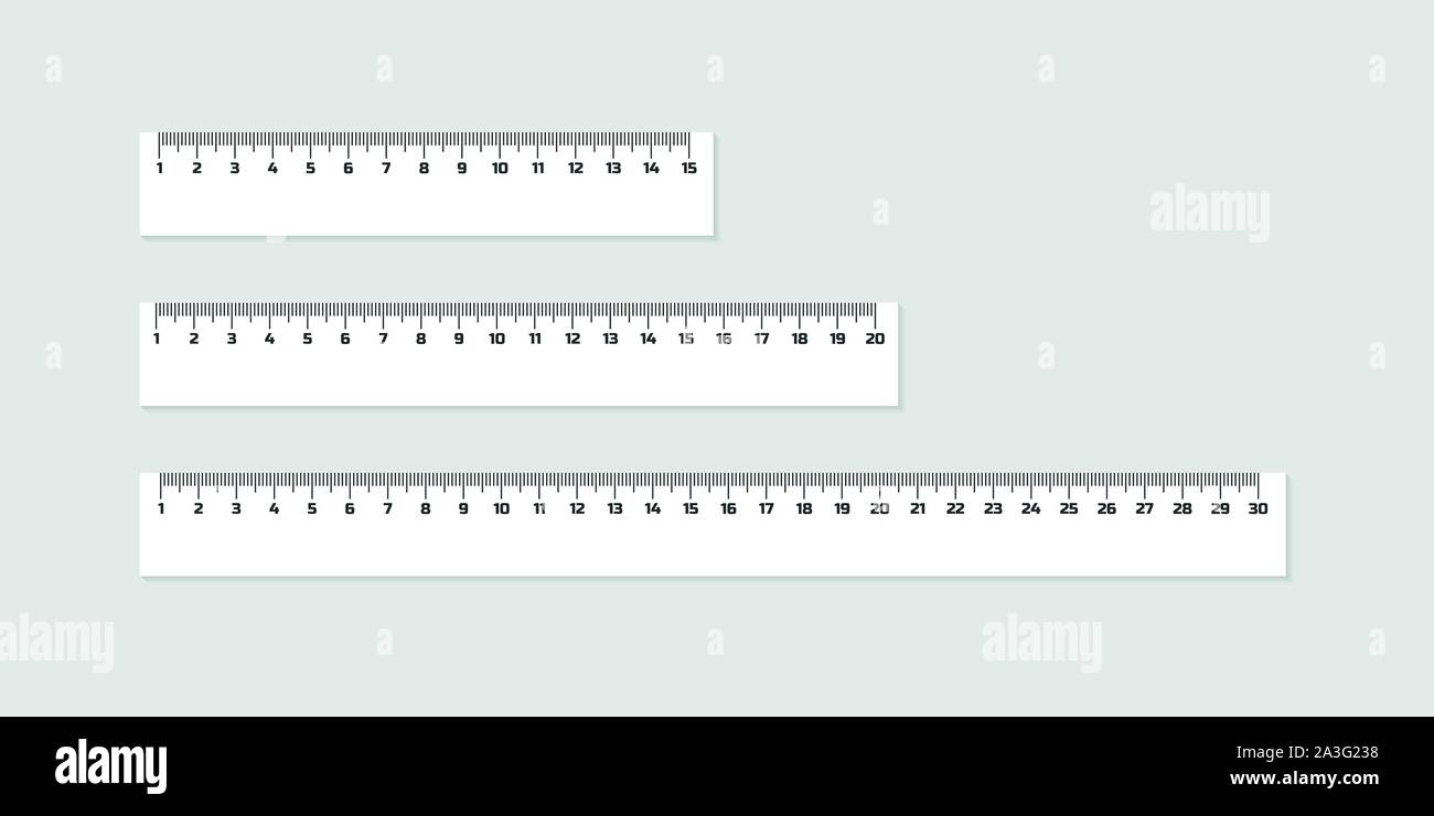 Set of wooden rulers 15, 20 and 30 centimeters with shadows isolated on white. Measuring tool. School supplies Stock Vector