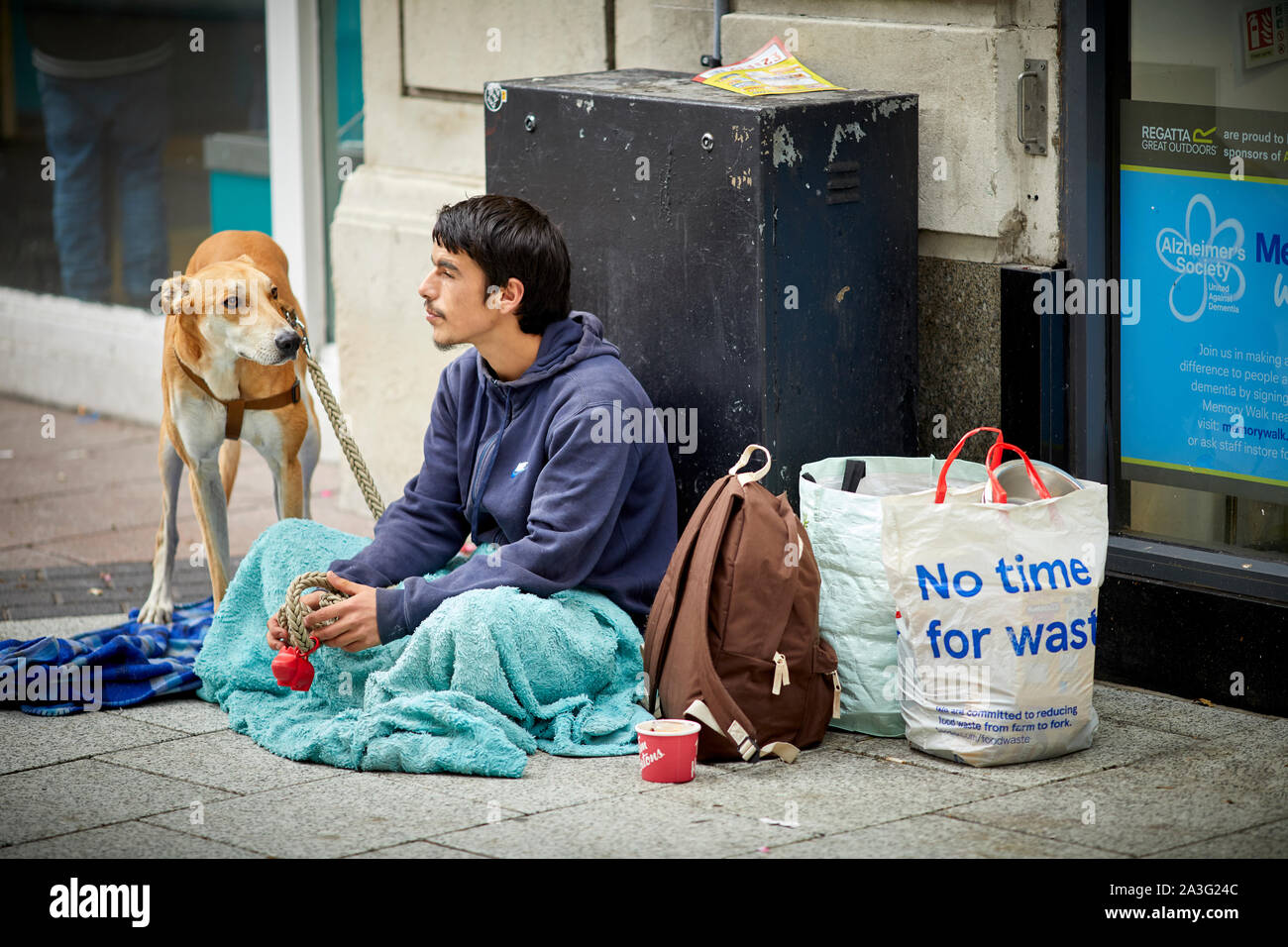 Cardiff Wales,  young man begging with his dog Stock Photo