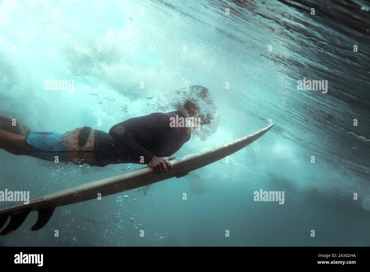 Surfer, underwater view Stock Photo