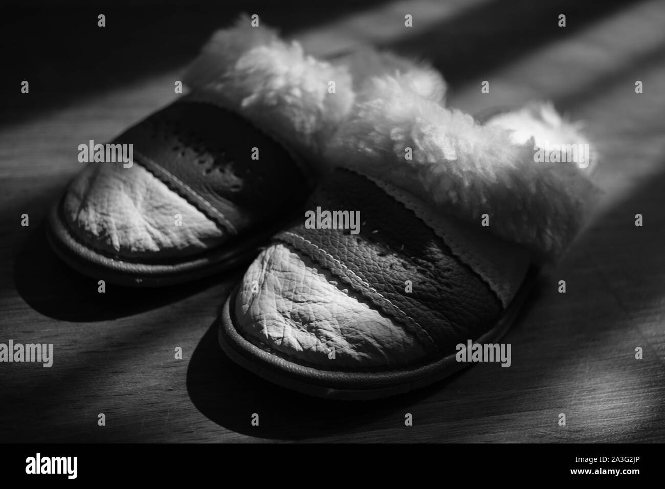 Women's slippers with a sheepskin on a wooden floor. BW photo. Stock Photo