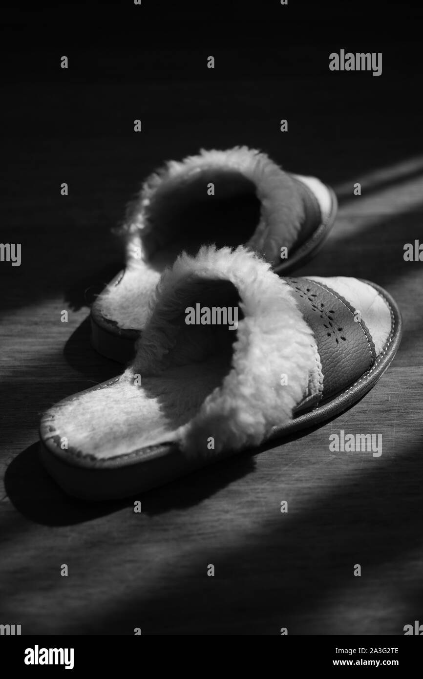 Women's slippers with a sheepskin on a wooden floor, bw photo. Stock Photo
