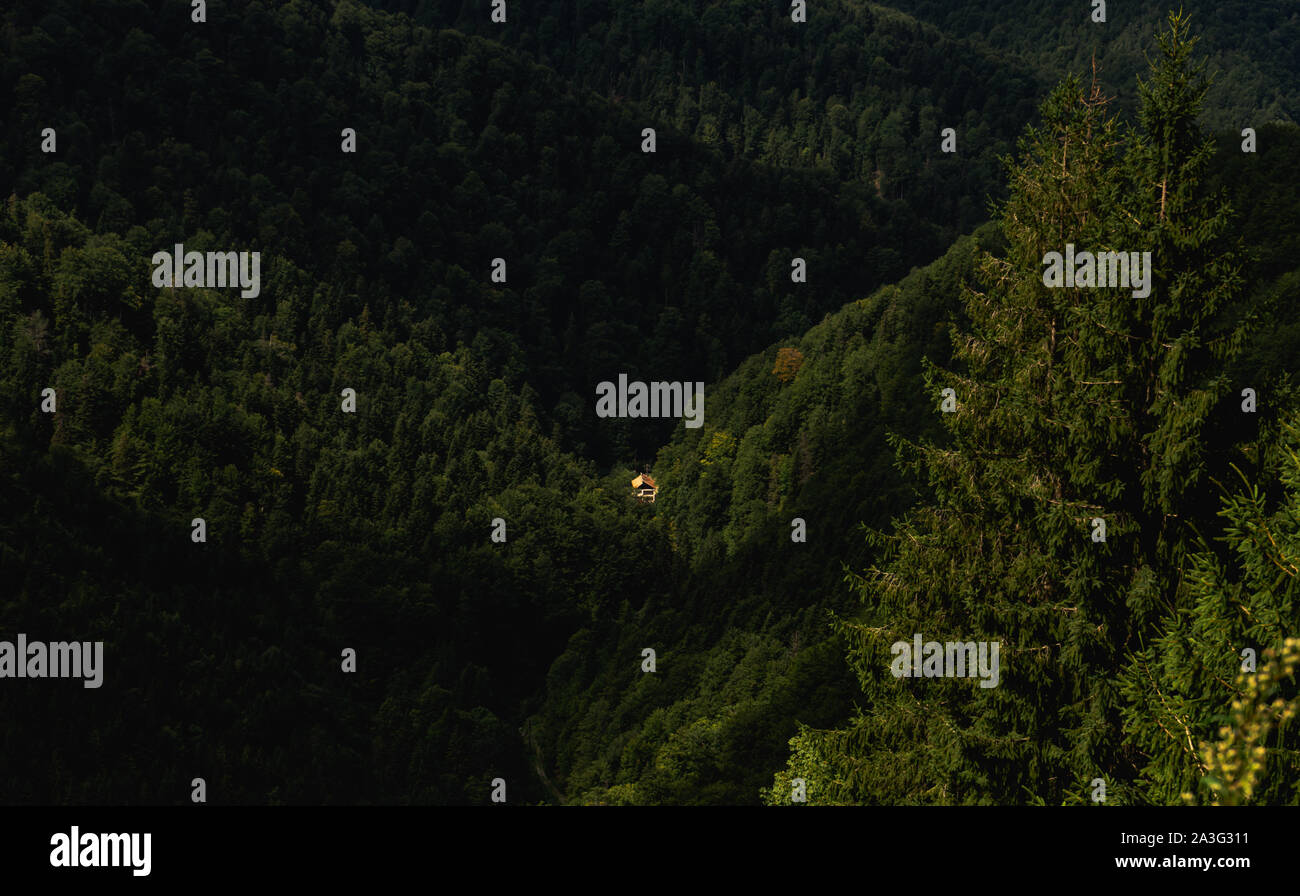 Scenic aerial view of isolated house in the woods, Carpathian mountains