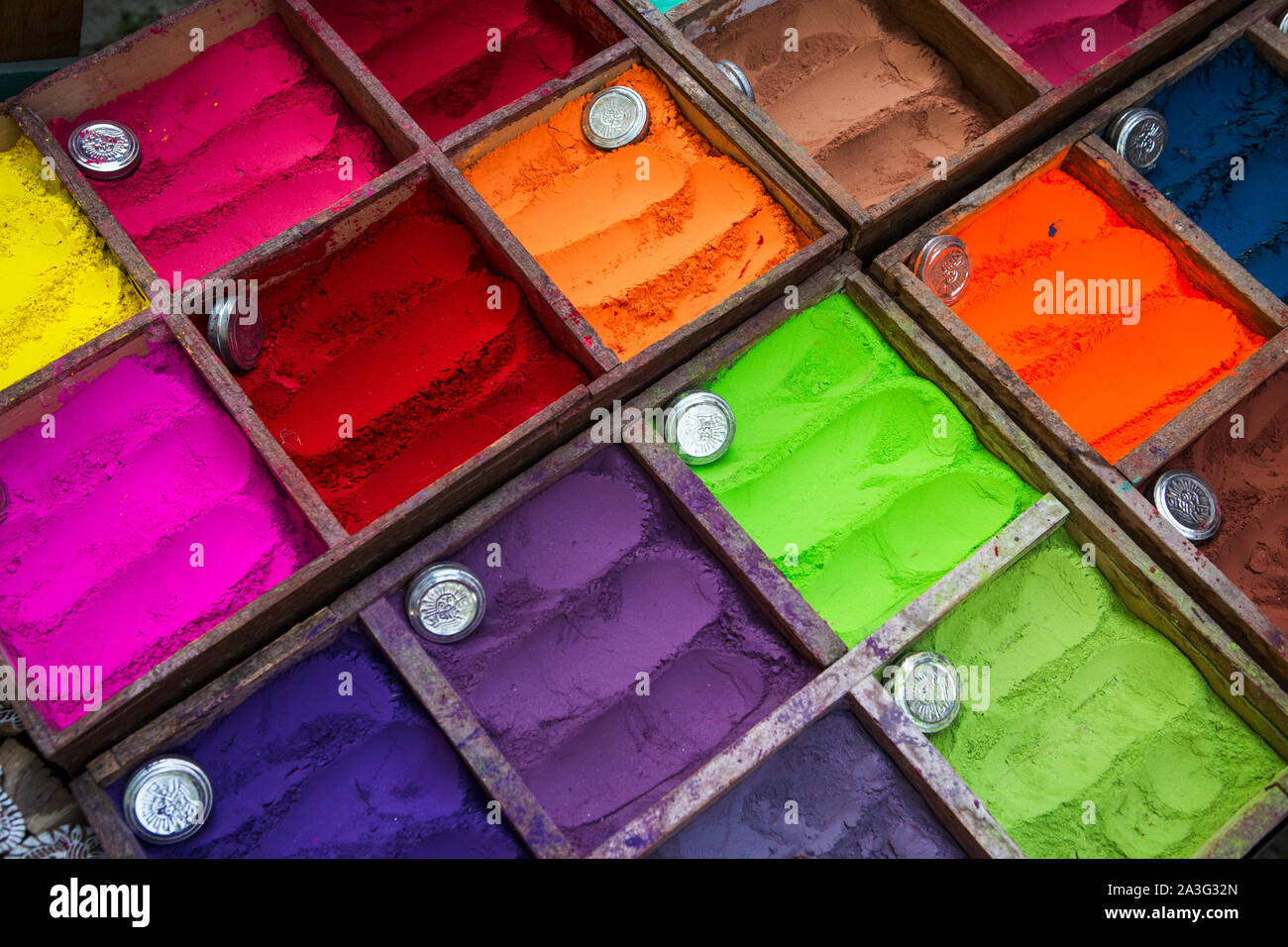 Colored powder for Holi Festival on display at a market in Kathmandu ...