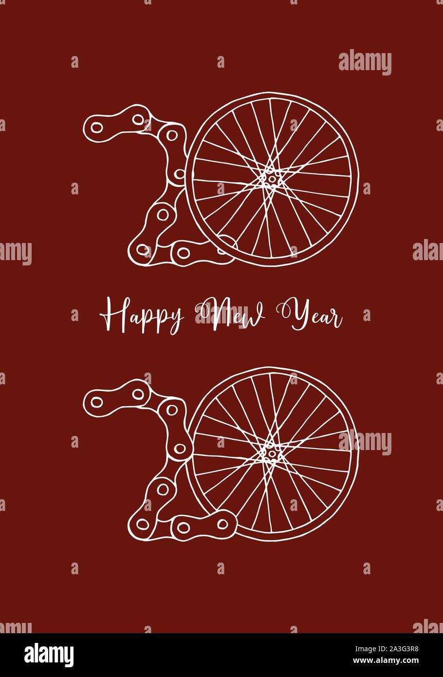 2020 Hand drawn Bicycle Happy New Year vector illustration on red background Stock Vector