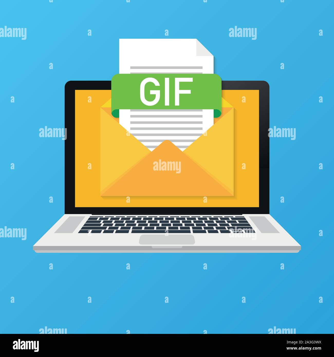 Laptop with envelope and GIF file. Notebook and email with file attachment GIF document. Stock Vector