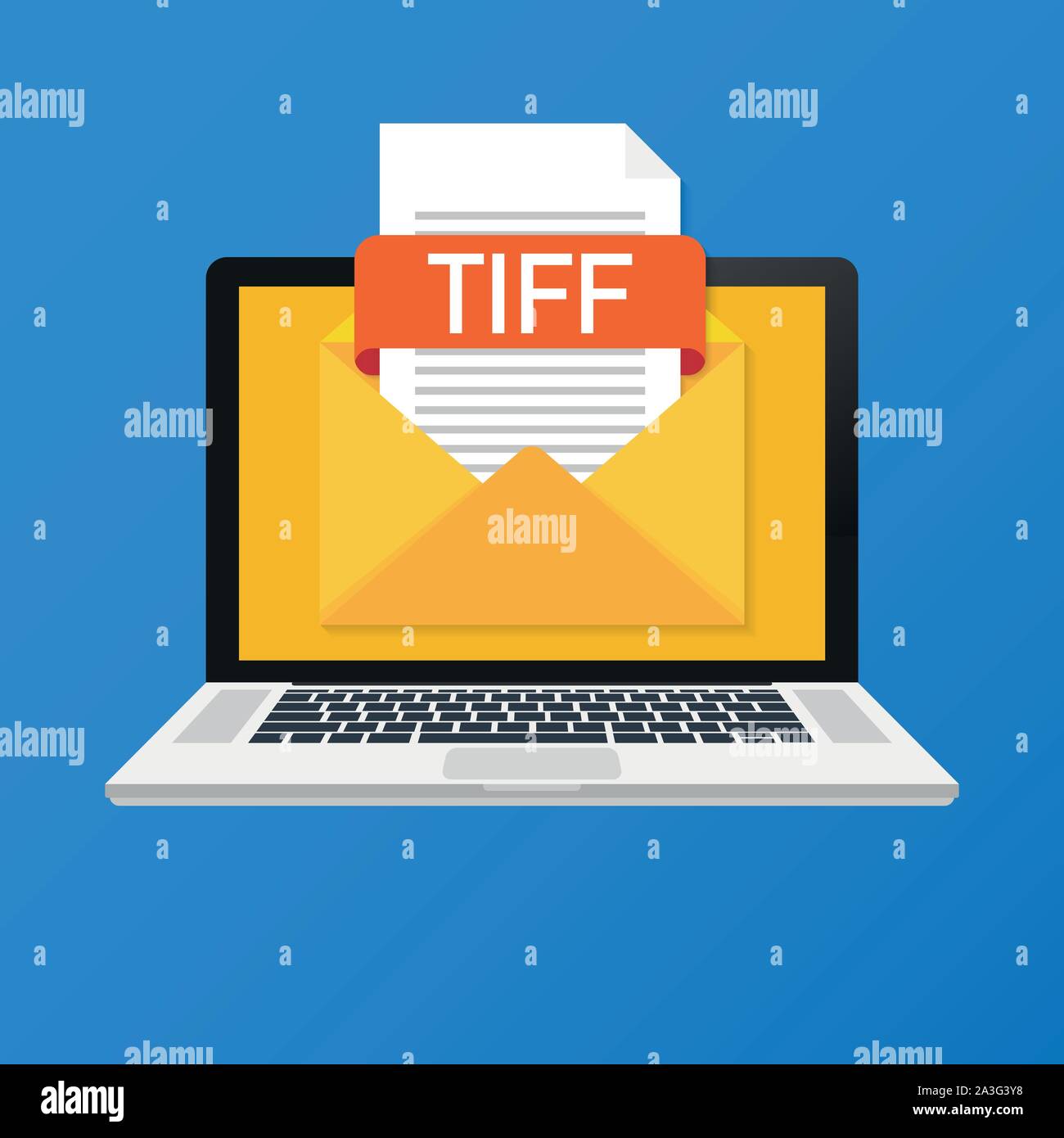 Laptop with envelope and TIFF file. Notebook and email with file attachment TIFF document. Stock Vector