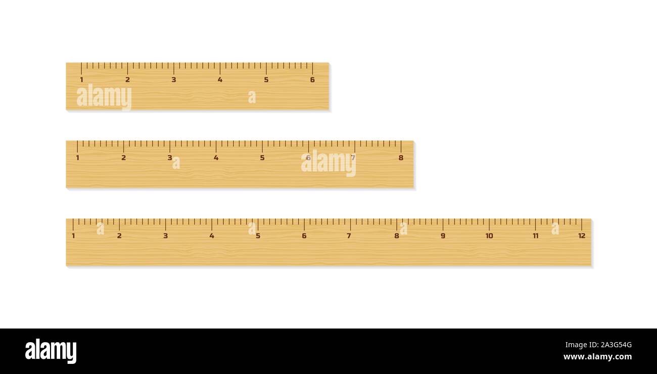 Wooden different size rulers 6, 8 and 12 inch long isolated on