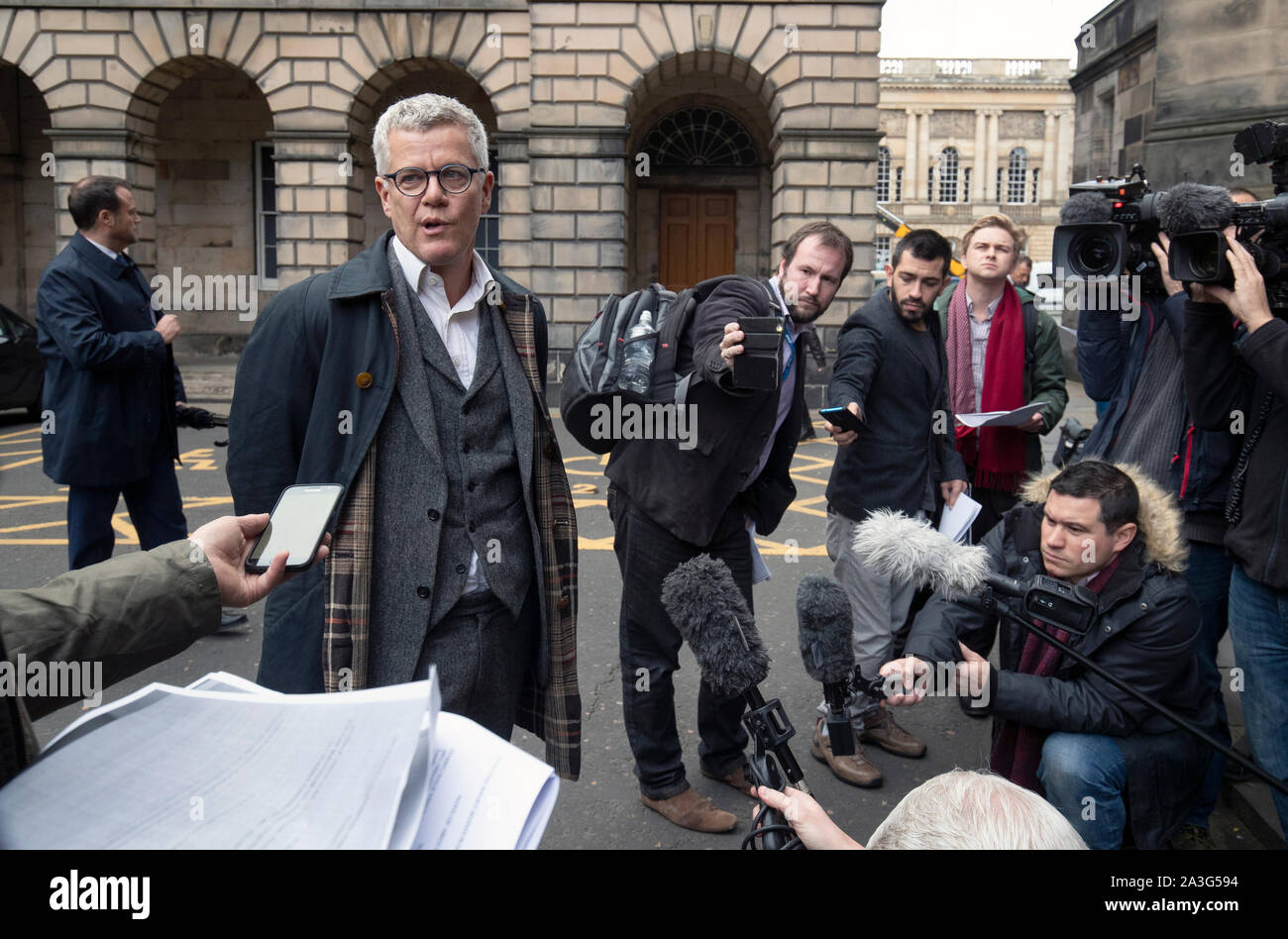 Jolyon Maugham QC speaks to the media outside the Court of Session in Edinburgh, as judges are asked to consider whether a court can sign a Brexit extension request letter on behalf of the government. Stock Photo