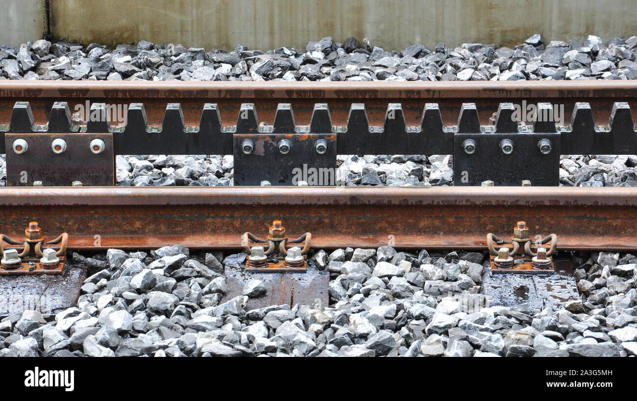 The Strub rack railway  system at, Lauterbrunnen, Bernese Oberland, Switzerland Stock Photo