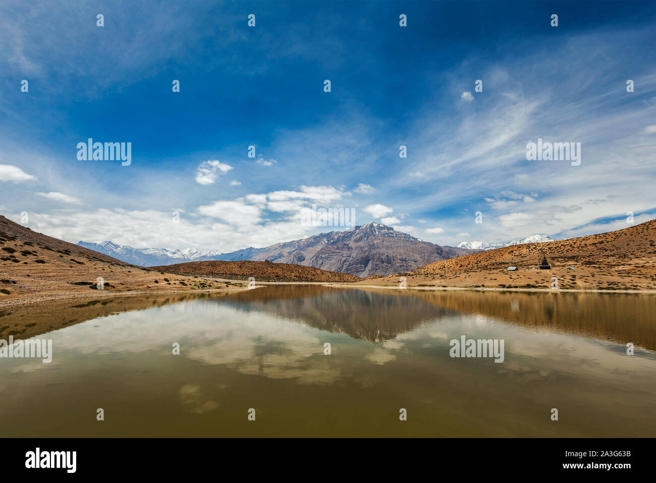 Dhankar lake in Himalayas Stock Photo