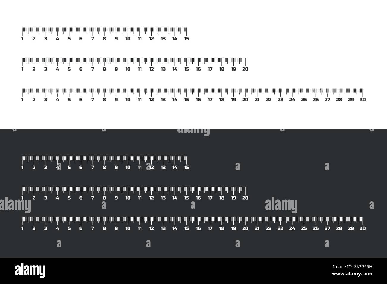 Set of wooden rulers 15, 20 and 30 centimeters with shadows isolated on white. Measuring tool. School supplies. Vector stock illustration. Stock Vector