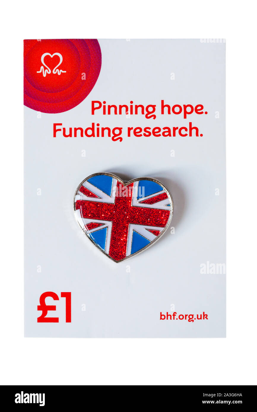 Pinning hope, funding research heart shaped Union Jack pin badge on card  for £1 by British Heart Foundation BHF isolated on white background Stock  Photo - Alamy