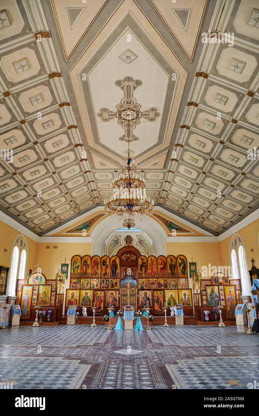 interior shot of Russian orthodox church of St. Alexius Metropolitan of Moscow,  Alexy Russian Orthodox Church, russian quarter of Samarkand, Uzbekist Stock Photo