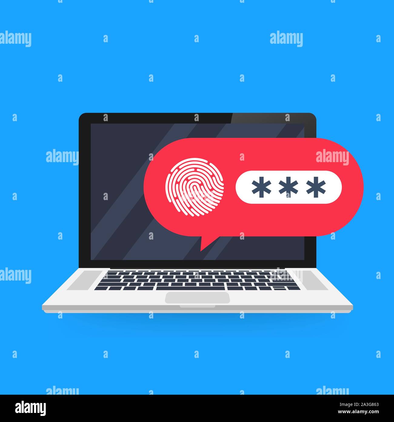 Laptop with unlocked password bubble notification, flat cartoon design