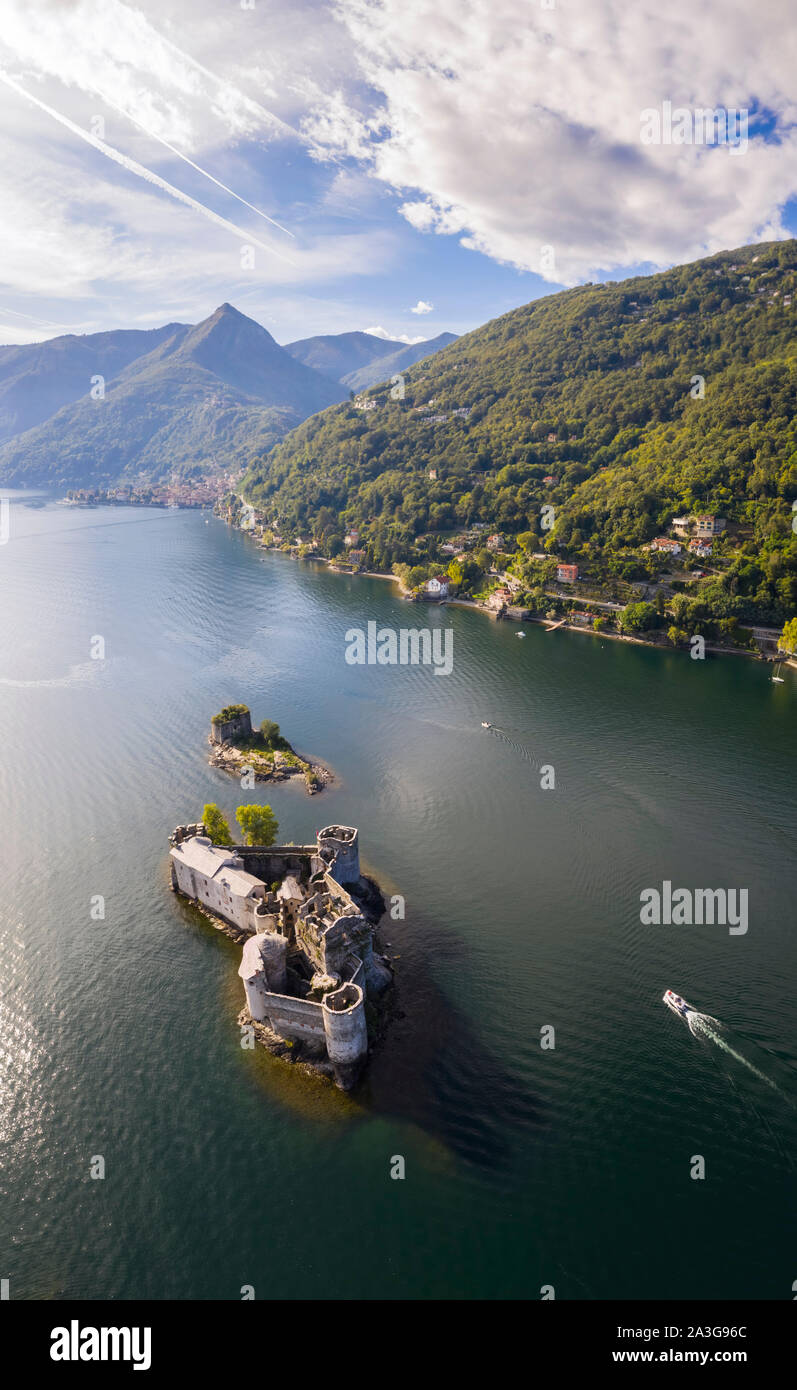 Aerial view of the medievals Castelli di Cannero, Lake Maggiore. Cannobio, Piedmont,Italy. Stock Photo