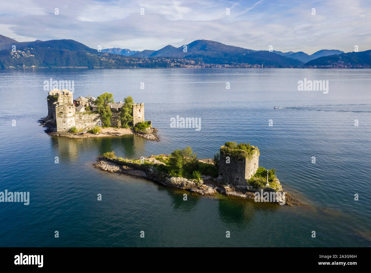 Aerial view of the medievals Castelli di Cannero, Lake Maggiore. Cannobio, Piedmont,Italy. Stock Photo