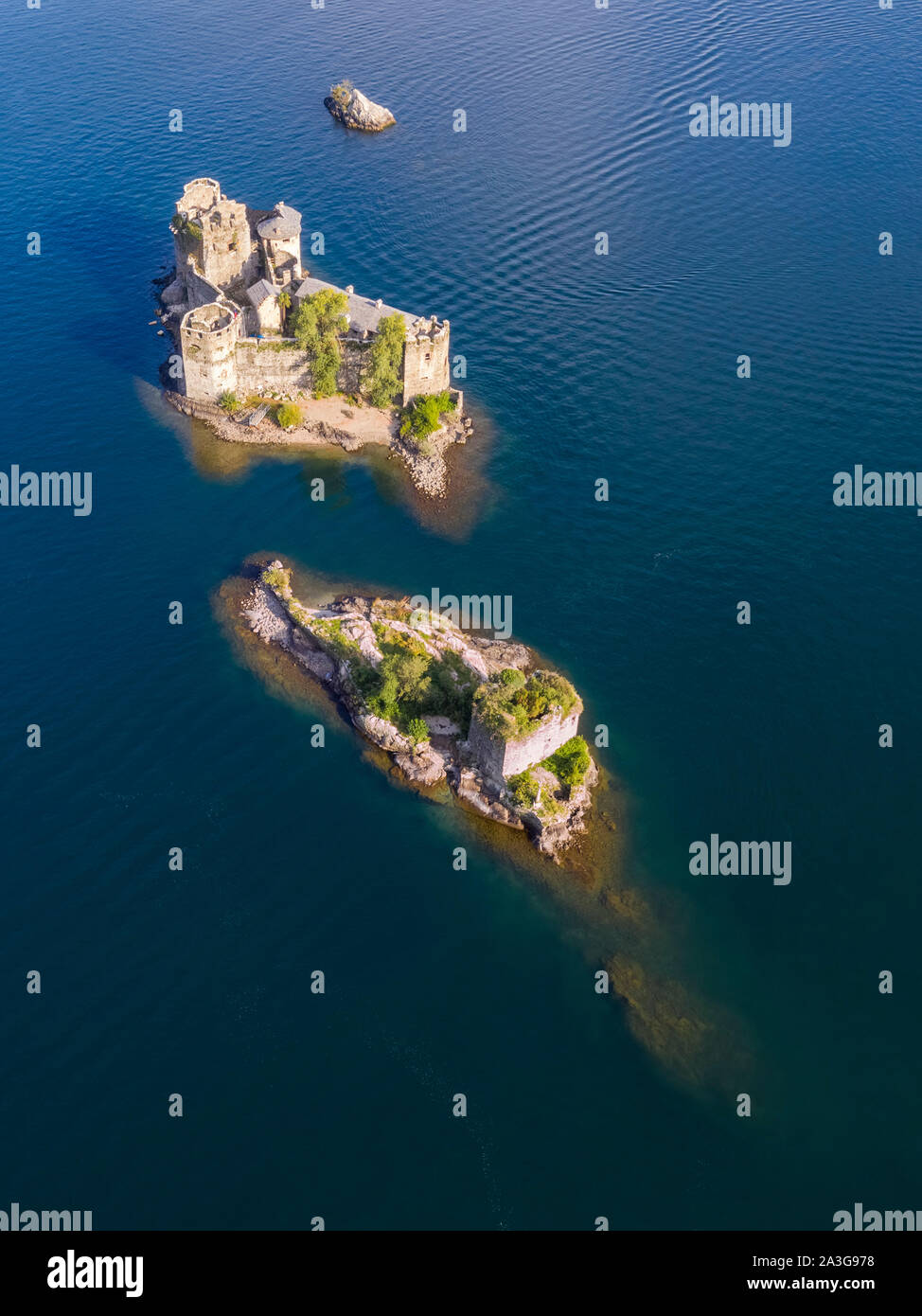 Aerial view of the medievals Castelli di Cannero, Lake Maggiore. Cannobio, Piedmont,Italy. Stock Photo