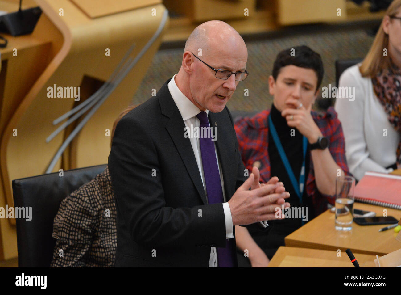 Edinburgh, UK. 08th Oct, 2019. Edinburgh, 8 October 2019. Pictured: John Swinney MSP - Depute First Minister of Scotland. A report has been published detailing the range of measures being put in place by the Scottish Government to mitigate a ‘no deal' Brexit. In a statement to the Scottish Parliament, Deputy First Minister John Swinney said: “The document we have published today sets out not just the measures we are taking to mitigate the worst impacts of a ‘no deal' Brexit, but also the areas where we require action from the UK Government. Credit: Colin Fisher/Alamy Live News Stock Photo