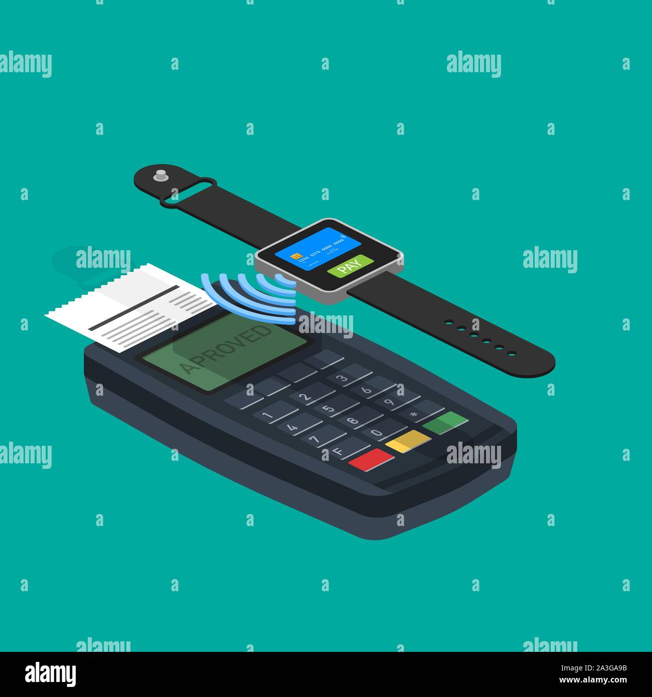 Smart watch contactless payments. Smartwatch on hand and POS