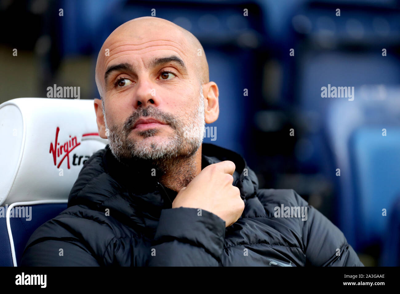 Manchester City manager Pep Guardiola prior to kick-off during the Carabao Cup, Third Round match at Deepdale Stadium, Preston Stock Photo