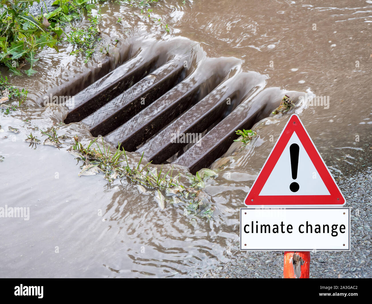 climate change Warning sign high water Stock Photo