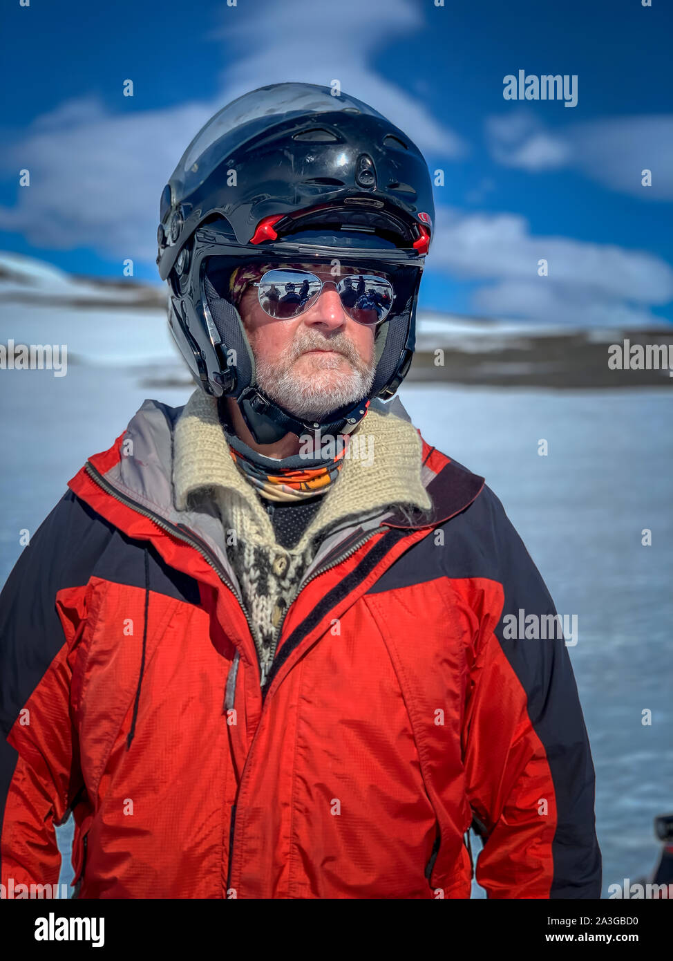 Portrait -man wearing a helmet.The Glaciological Society trip, Mt. Kerlingafjol, Hofsjokull Ice Cap, Central Highlands, Iceland Stock Photo