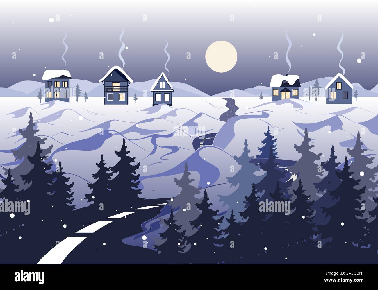 Winter landscape with road, houses and trees. Village with full moon. Happy new year and Merry Christmas card. Vector illustration Stock Vector