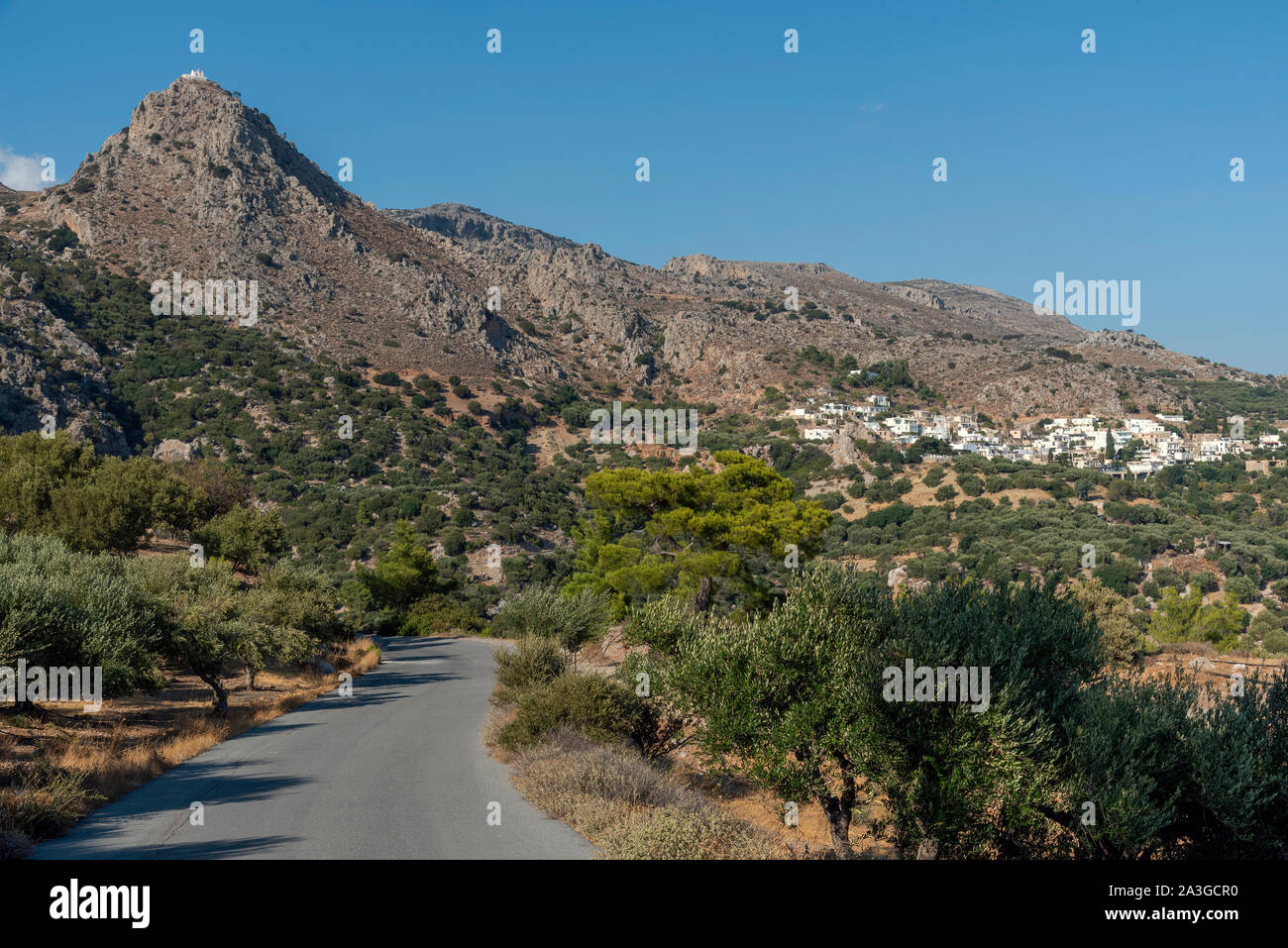 Mountain village of Pefki seen from Agios Stefanos road, Crete, Greece ...