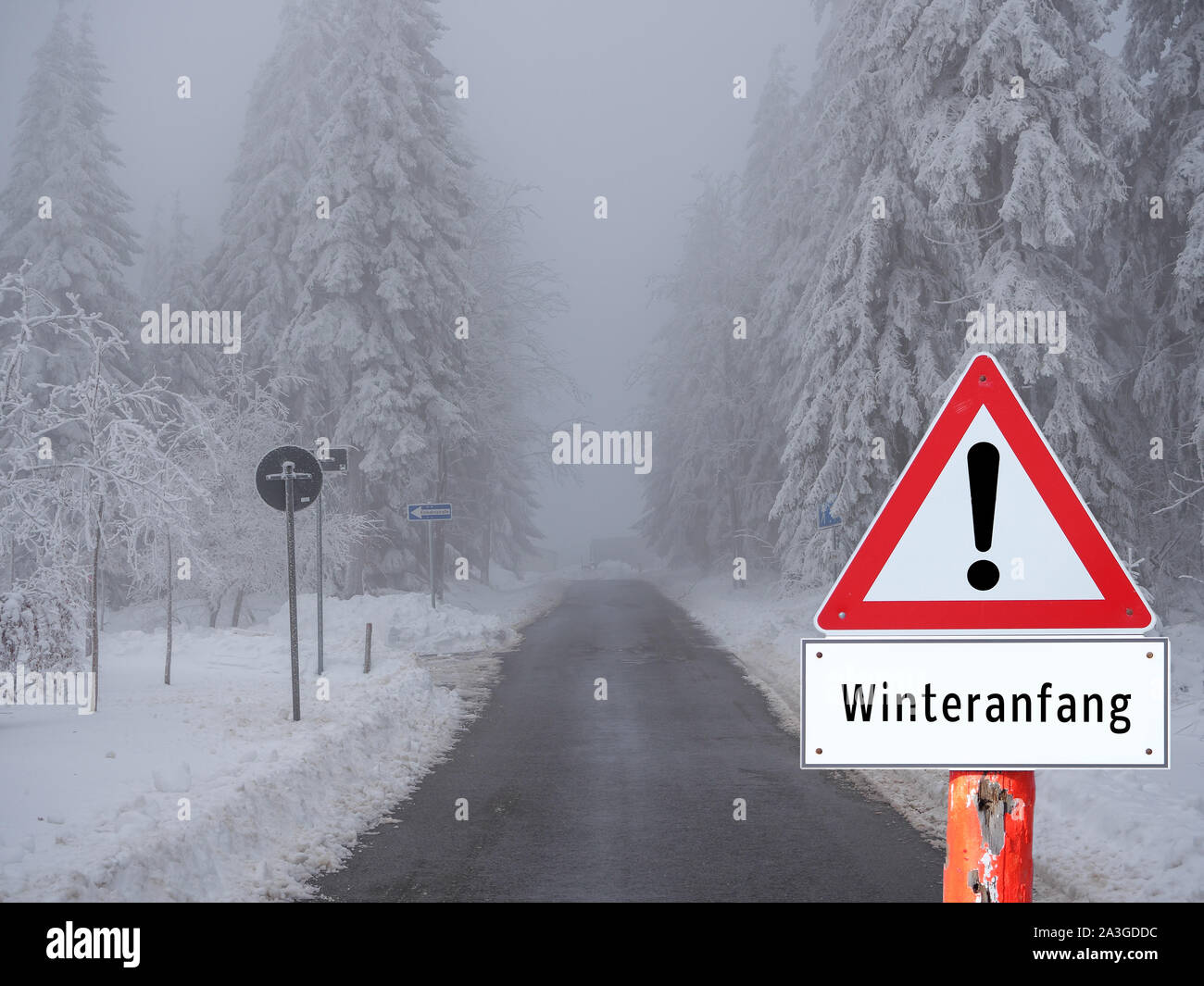 Warning sign winter beginning Stock Photo