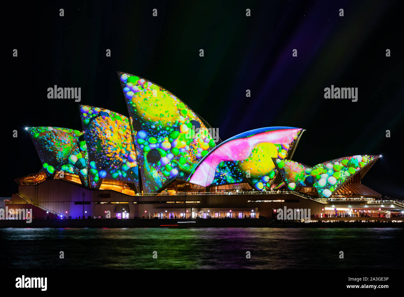 Sydney, Australia - 27. May 2017: The famous Sydney Opera House is illuminated with different designs in vibrant colors during the annual Vivid Sydney Stock Photo