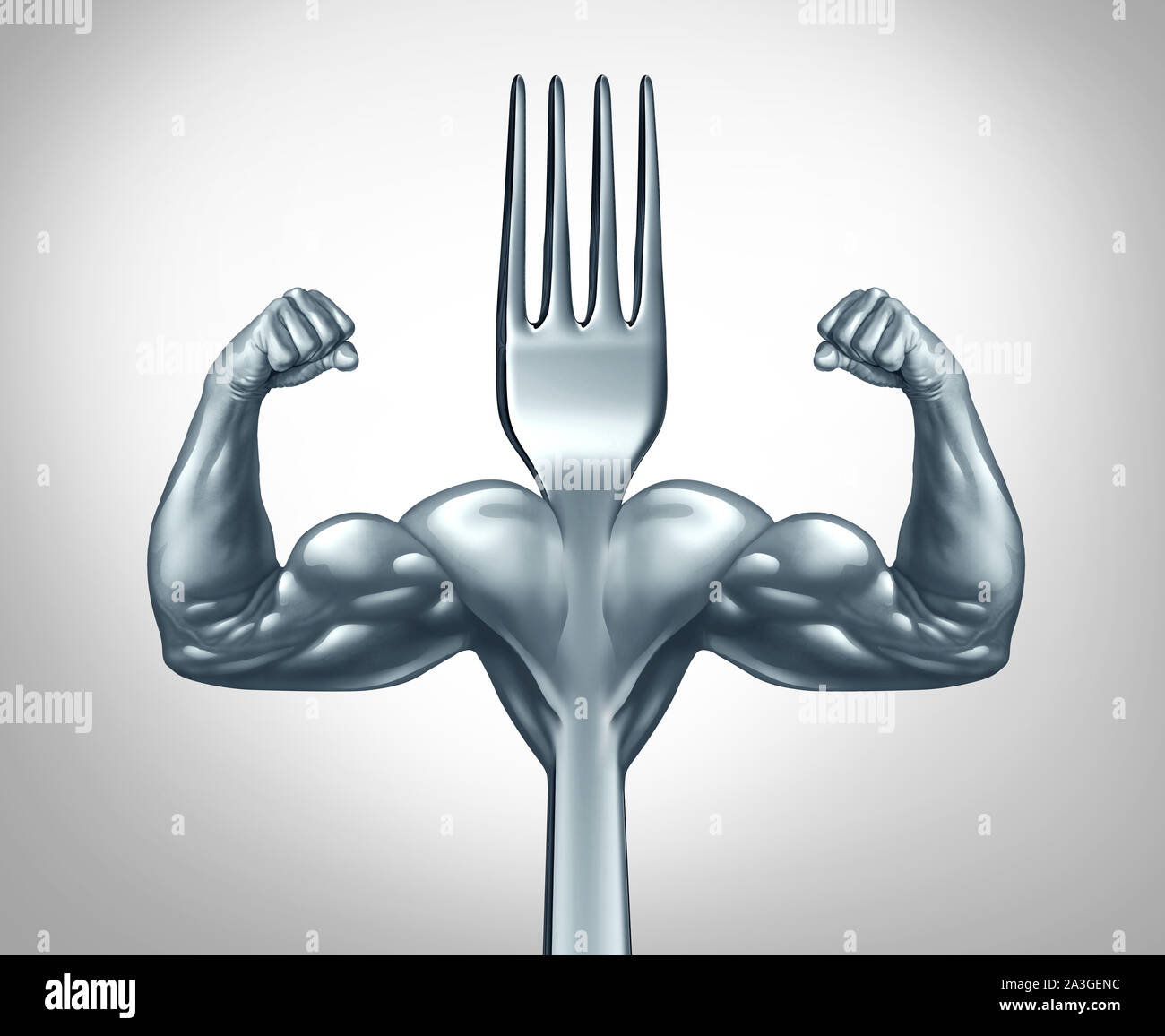 Eating fitness and power food symbol for workout or working out with nutritional supplement as a healthy fit lifestyle  as a fork with muscle. Stock Photo