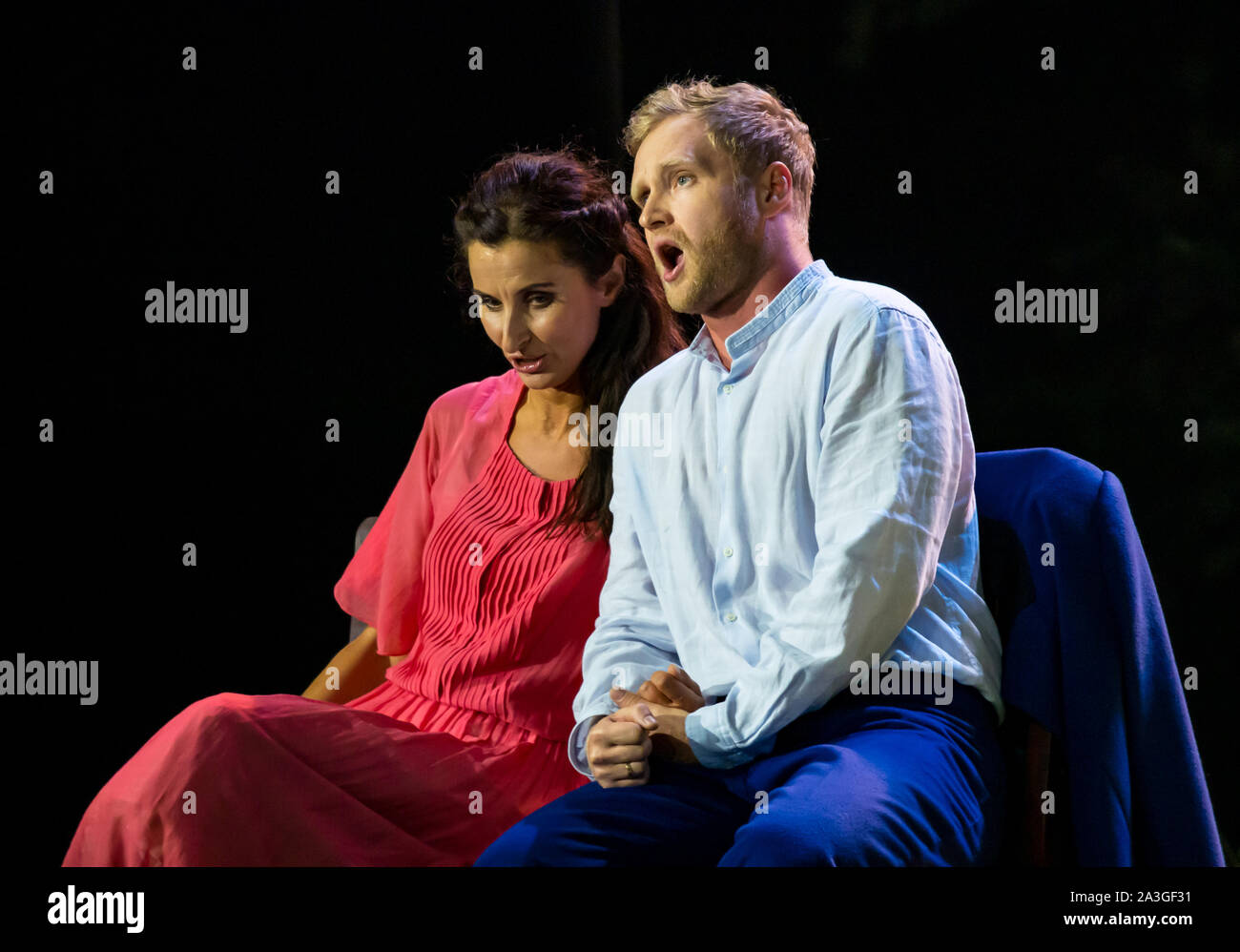 Komishe Oper Berlin perform Tchaikovsky opera Eugene Onegin, Edinburgh International Festival 2019: Karolina Gumos as Olga, Oleksiy Palchykov as Lensk Stock Photo