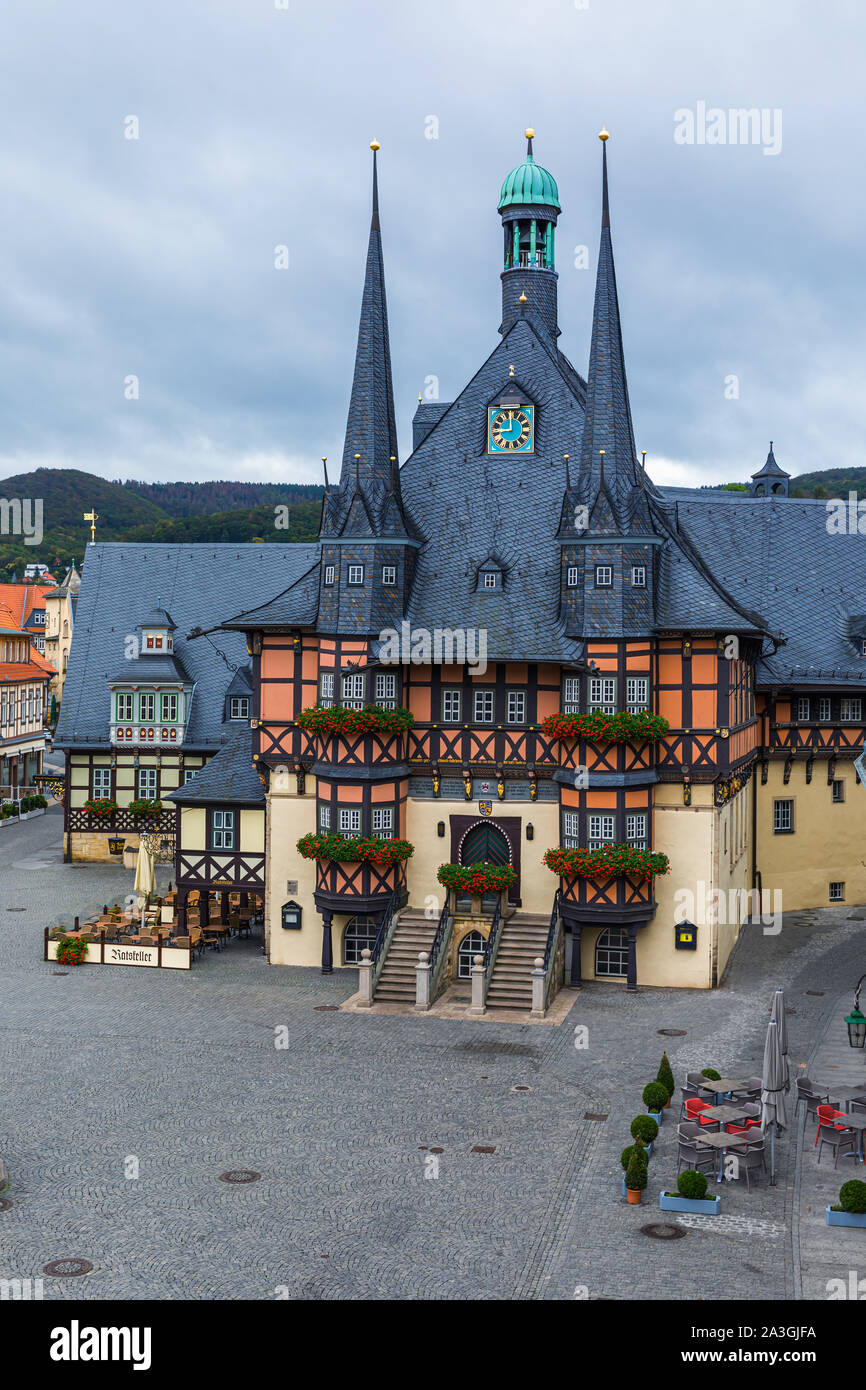 The famous Town Hall in Wernigerode. Wernigerode is a town in the district of Harz, Saxony-Anhalt, Germany.  Wernigerode is located southwest of Halbe Stock Photo