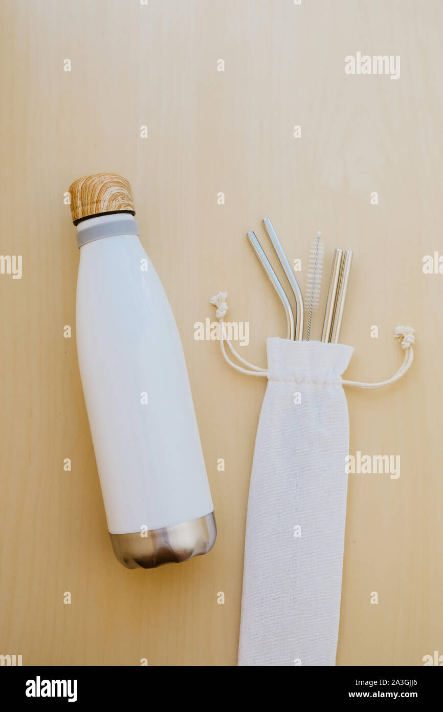 Reusable Plastic Free Eco Friendly Utensils Water Bottle And Metal Drinking Straws Stock Photo Alamy