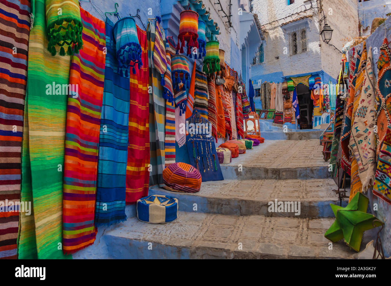 A picture of the colorful wares of a shop of Chefchaouen. Stock Photo