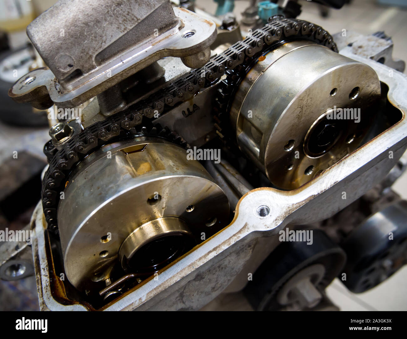 Timing Chain of a Gasoline Internal Combustion Engine Stock Photo