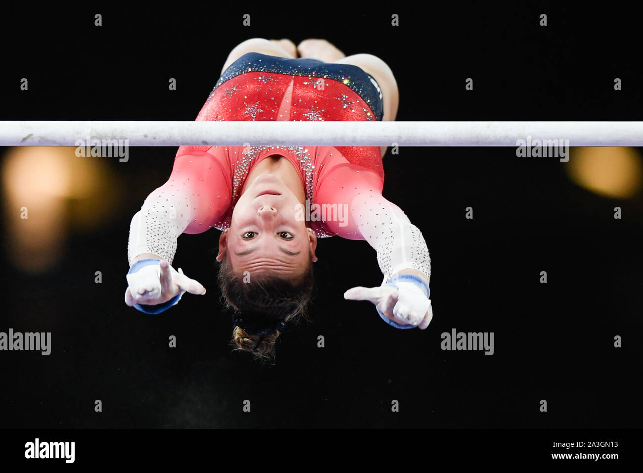 Stuttgart, Germany. 08th Oct, 2019. Gymnastics: world championship, decision final of the best eight teams, women. Grace Mc Callum from the USA on uneven bars. Credit: Tom Weller/dpa/Alamy Live News Stock Photo