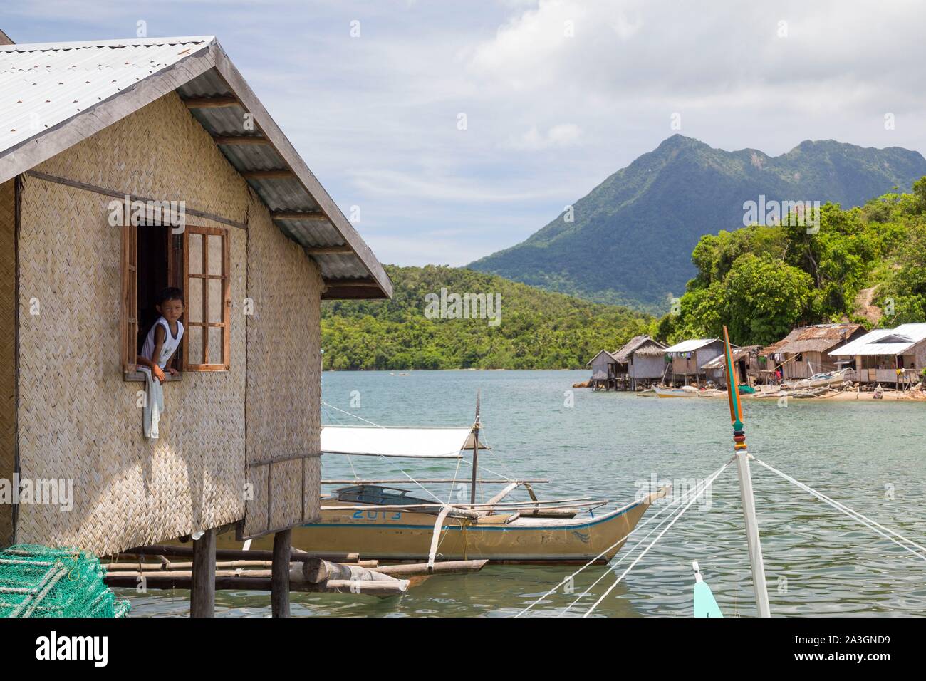 Philippines, Palawan, Malampaya Sound Protected Landscape and Seascape, fishermen village on a small island in the middle of the sound Stock Photo