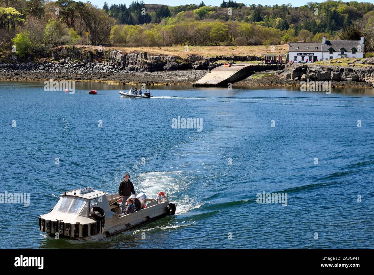 United Kingdom, Scotland, Highland, Inner Hebrides, Island of Ulva near the west coast of the Isle of Mull, boat liaison with the island Stock Photo