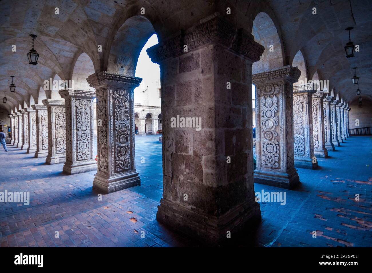 Peru, Arequipa, or White City, registered World Heritage site by UNESCO, colonial center, La Compania church, from 17 th century, in white volcanic stone, the ignimbrite, called sillar, carved patio, with indian inpiration Stock Photo